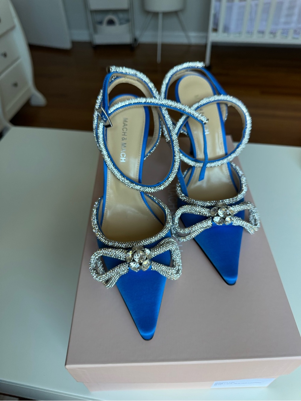 MACH & MACH Sapphire Blue Satin Pointed-Toe Heels with Crystal Bow